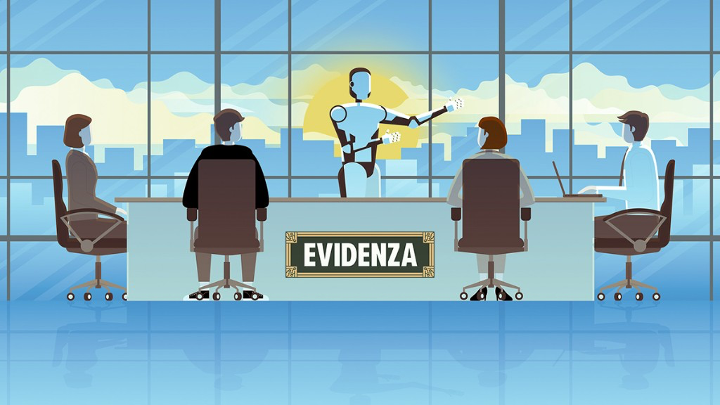Evidenza boardroom illustration with AI robot