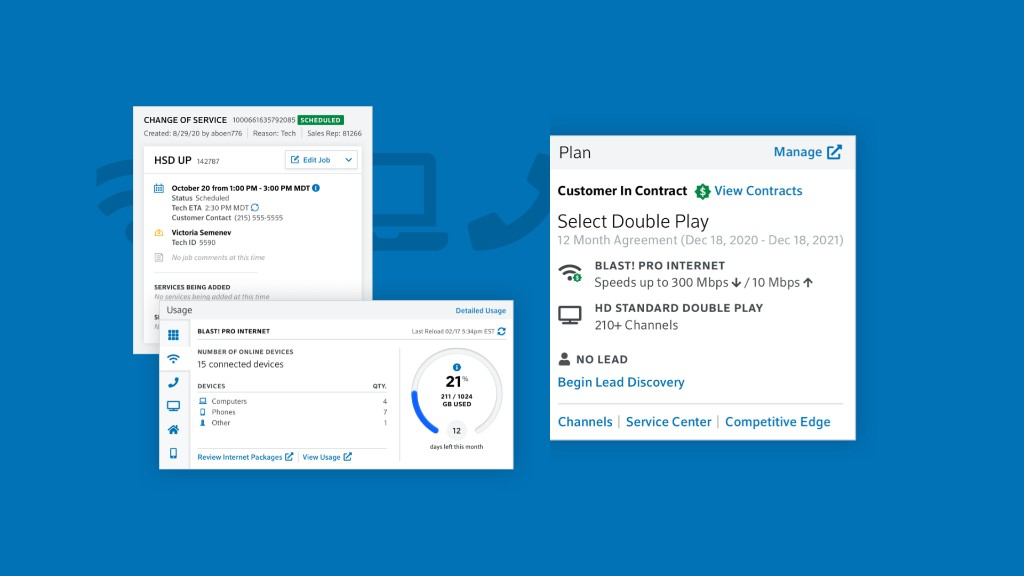 Comcast service cards for scheduling, usage, and plans